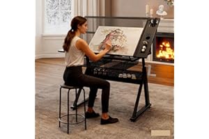 Roockky Drafting Table with Stool, Upgraded Hand Crank Height Adjustable Drawing Table Art Table Painting Table Art Craft Desk with 0-75° Tilting Glass Tabletop for Home Office, Black