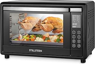Minibackofen mit Umluft (45 Liter) Deutsche Version mit 2x Backblech, Ofenhandschuhe, Rezeptheft, 13 Programme, LED-Display, Timer, 2000W, Drehspieß
