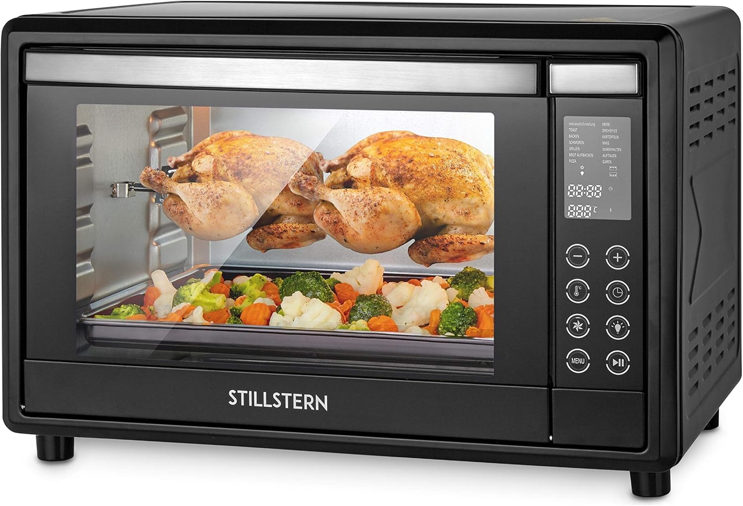 Minibackofen mit Umluft (45 Liter) Deutsche Version mit 2x Backblech, Ofenhandschuhe, Rezeptheft, 13 Programme, LED-Display, Timer, 2000W, Drehspieß