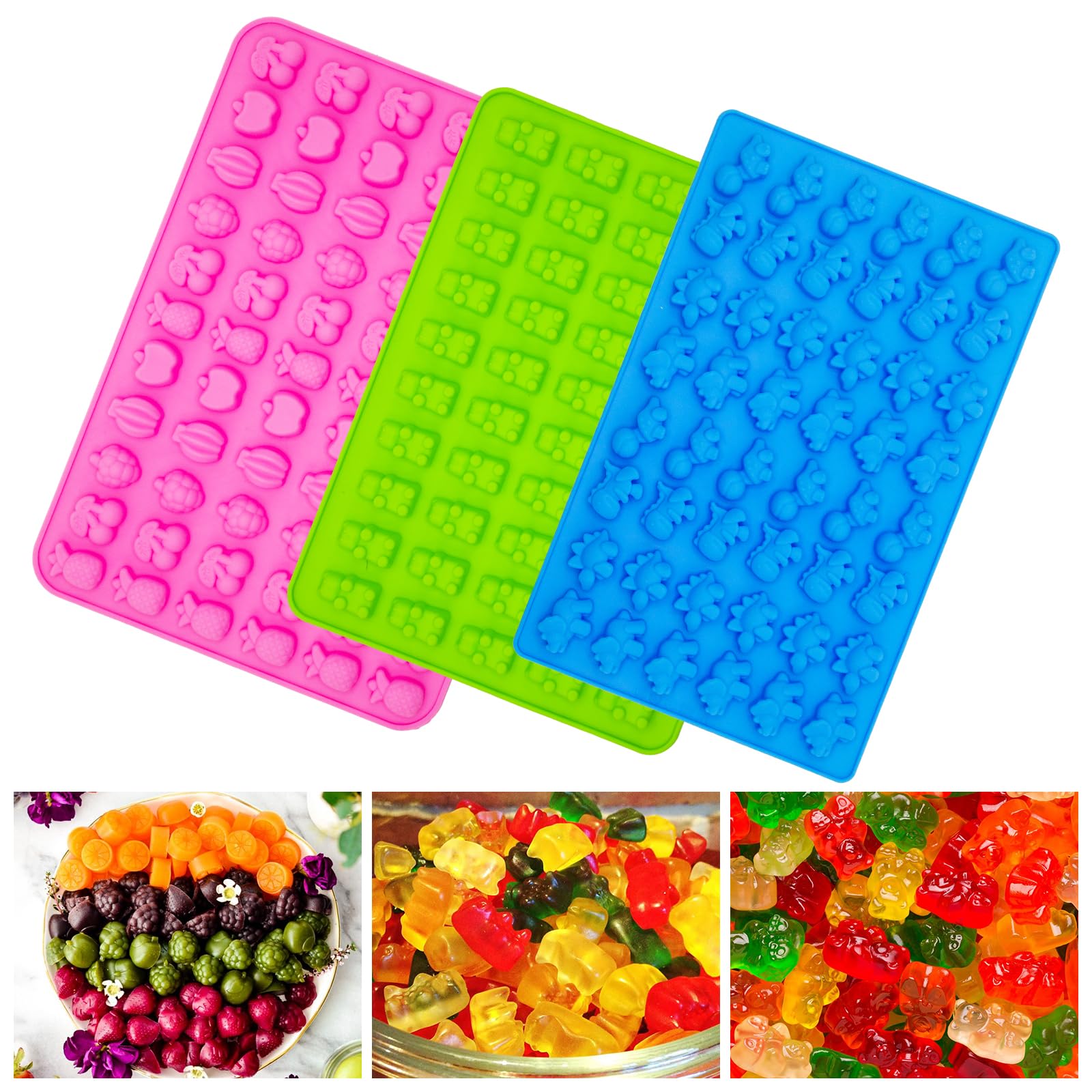 Gummy Candy Molds - Silicone Mini Gummy Bear/Dinosaur/Fruit Snack Molds for Kids With 2pcs Dropper,Non-stick and Bpa Free for Candy Chocolate Gummies Baking