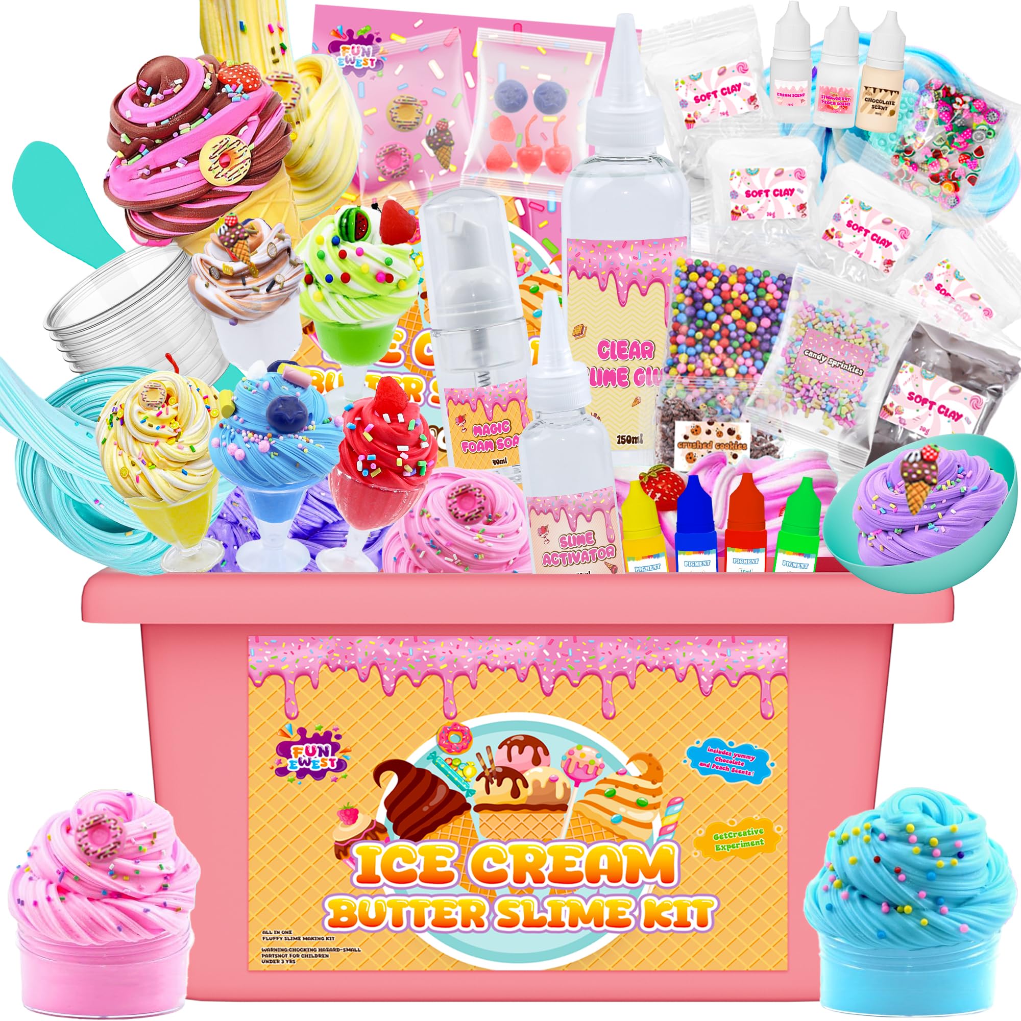 Funewest Ice Cream Slime Making Kit for Girls Boys, Fluffy,Butter, Cloud and Foam Slime, Christmas & Birthday Toy Gifts for Boys and Girls Aged 6-12