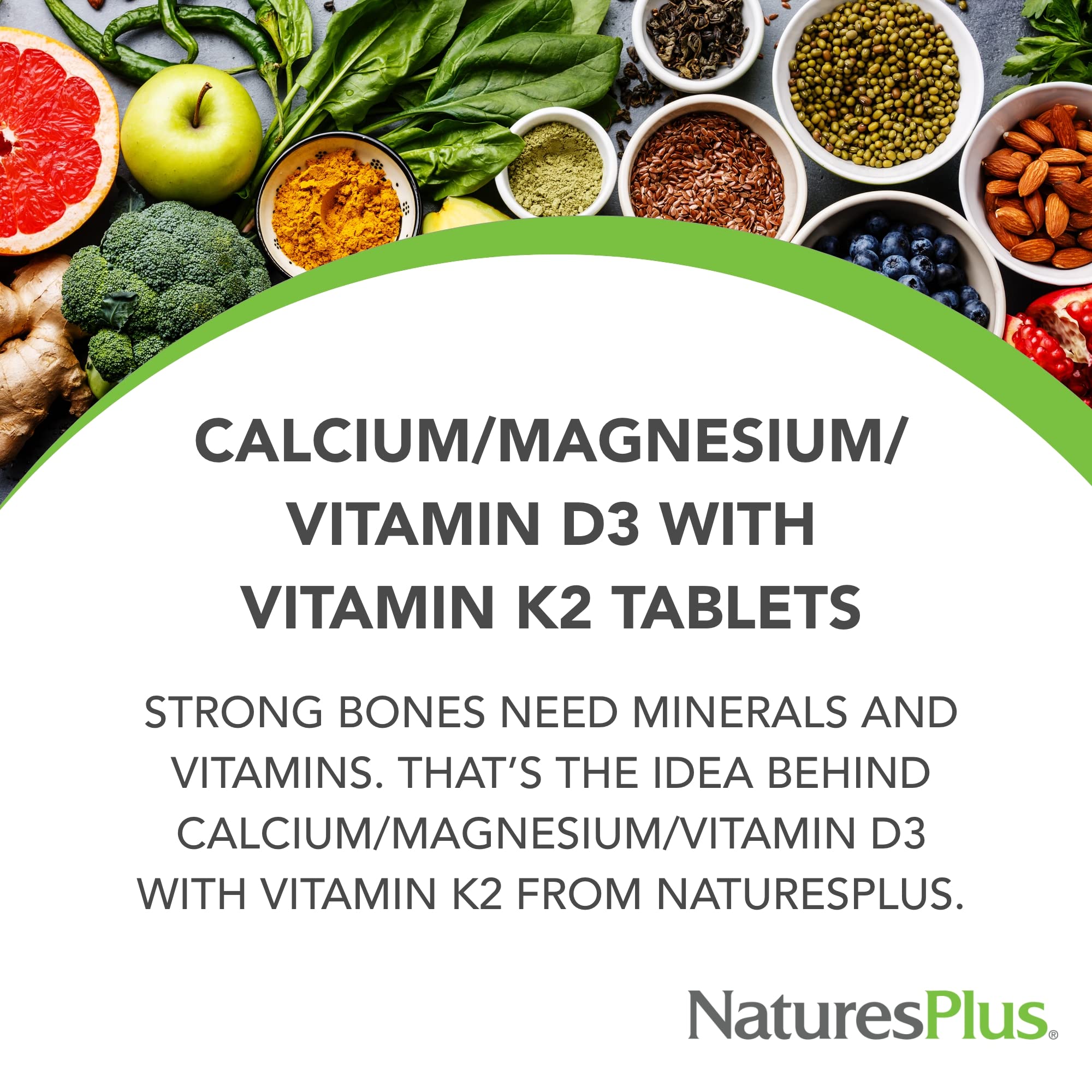 NaturesPlus Calcium/Magnesium/Vitamin D3 with Vitamin K2 - Supports Bone & Immune Health - Vegetarian, Gluten Free - 180 Tablets - 45 Servings
