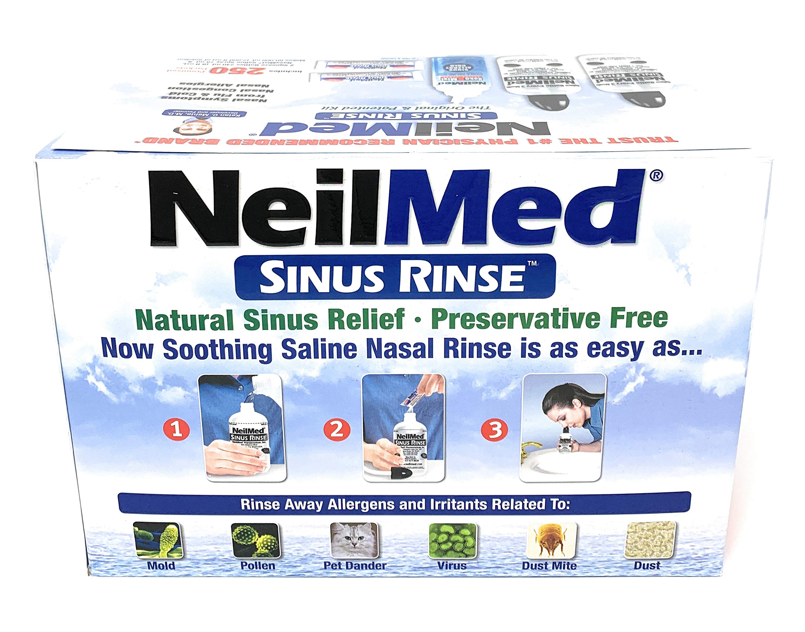 NeilMed Sinus Rinse - 2 squeeze Bottles 240mL (8fl oz) & Nasamist Saline Spray 75mL - 250 Premixed Packets - BONUS Nasa Mist Saline Spray - Value Pack