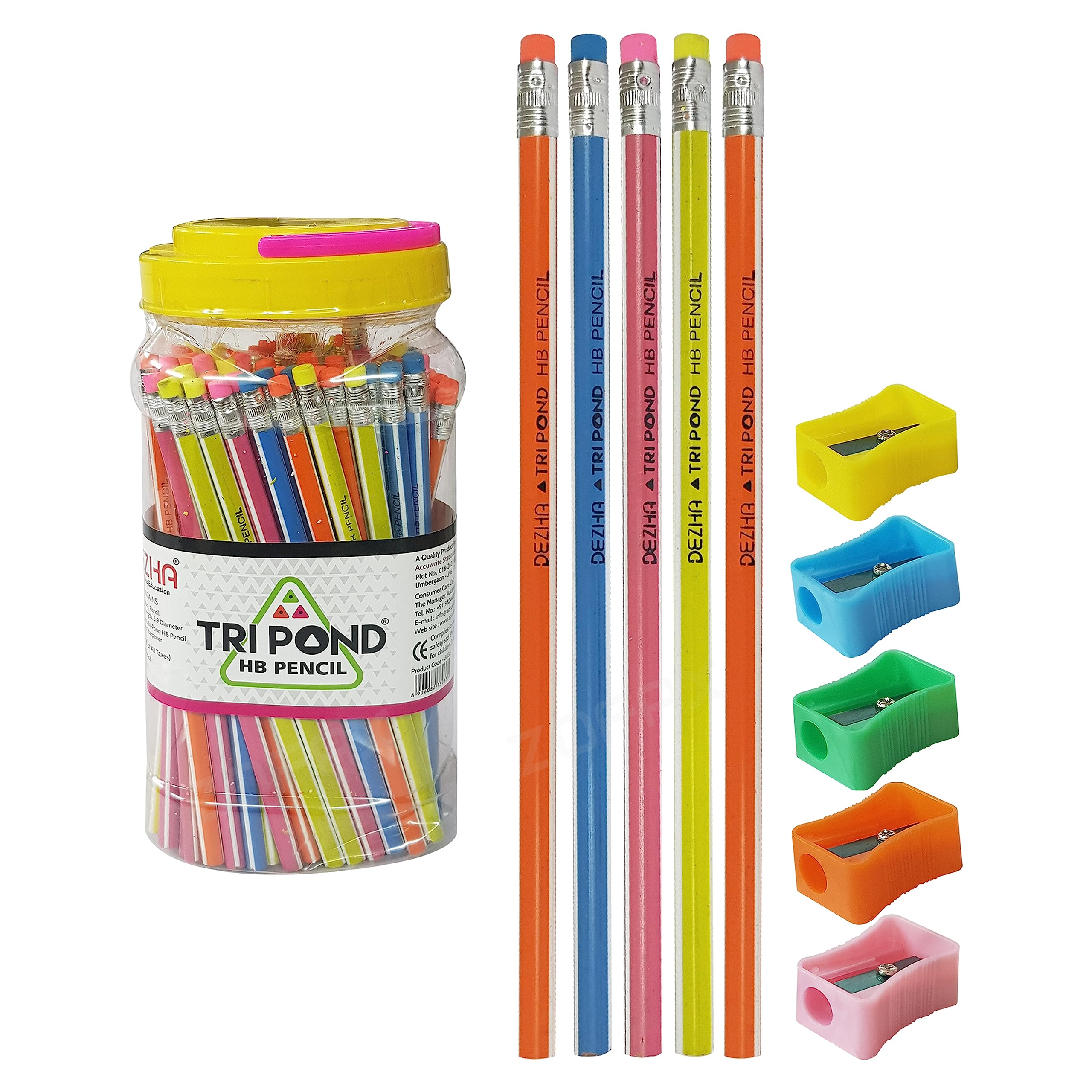 ZOFAX Tri-Pond HB Pencils With Eraser Tipped + Sharpeners, 100 Wooden Lead Pencils + 5 Sharpeners, Write Draw Sketch Pencil, Home School Office Everyday Use, iZOFAX Black Ball Pen