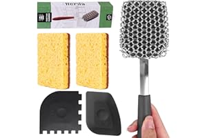 HERDA 5Pieces Cast Iron Cleaning Kit Pan Pot Wok Scraper Tool Skillet Sponge Metal Sponge Stainless Steel Brush Scrubber Scouring Pad, Steel Dish Scrub Chainmail Pan Scrubber Cast Iron Cleaner