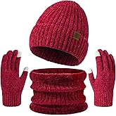 Winter Beanie Hat Scarf Gloves Set for Men and Women, Chenille Beanie Gloves Neck Warmer Set with Warm Fleece Lined