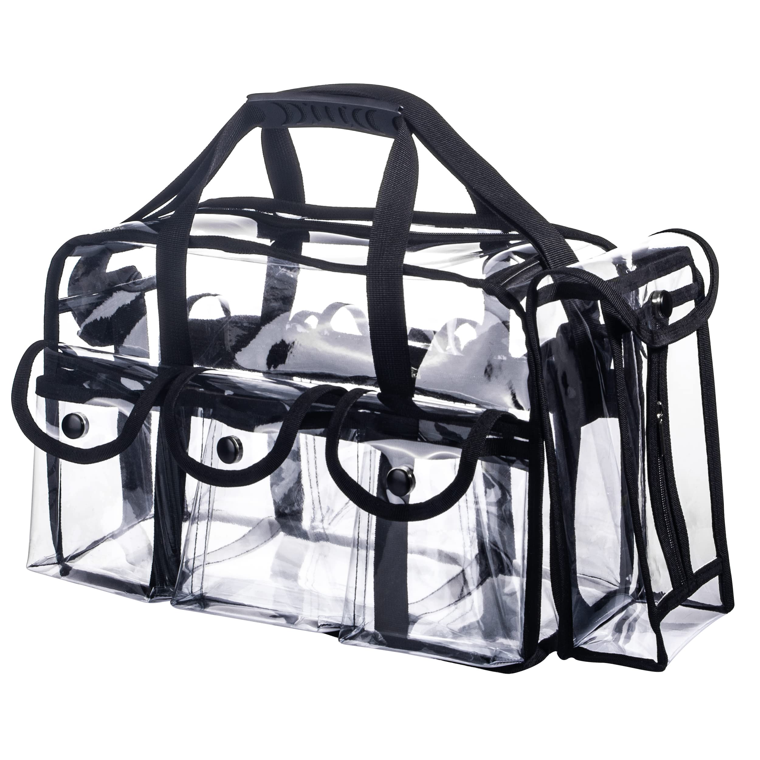 Professional Large Clear PVC Travel Bag with 6 Exterior Pockets and Strap, Black, Professional Makeup Bag