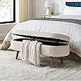 IAFIKE Oval Storage Bench 43.5" Linen Fabric Upholstered Ottoman Indoor Entryway Bench with Solid Wood Legs for Living Room/Bedroom/End of Bed/Entryway/Bed Side (Beige)