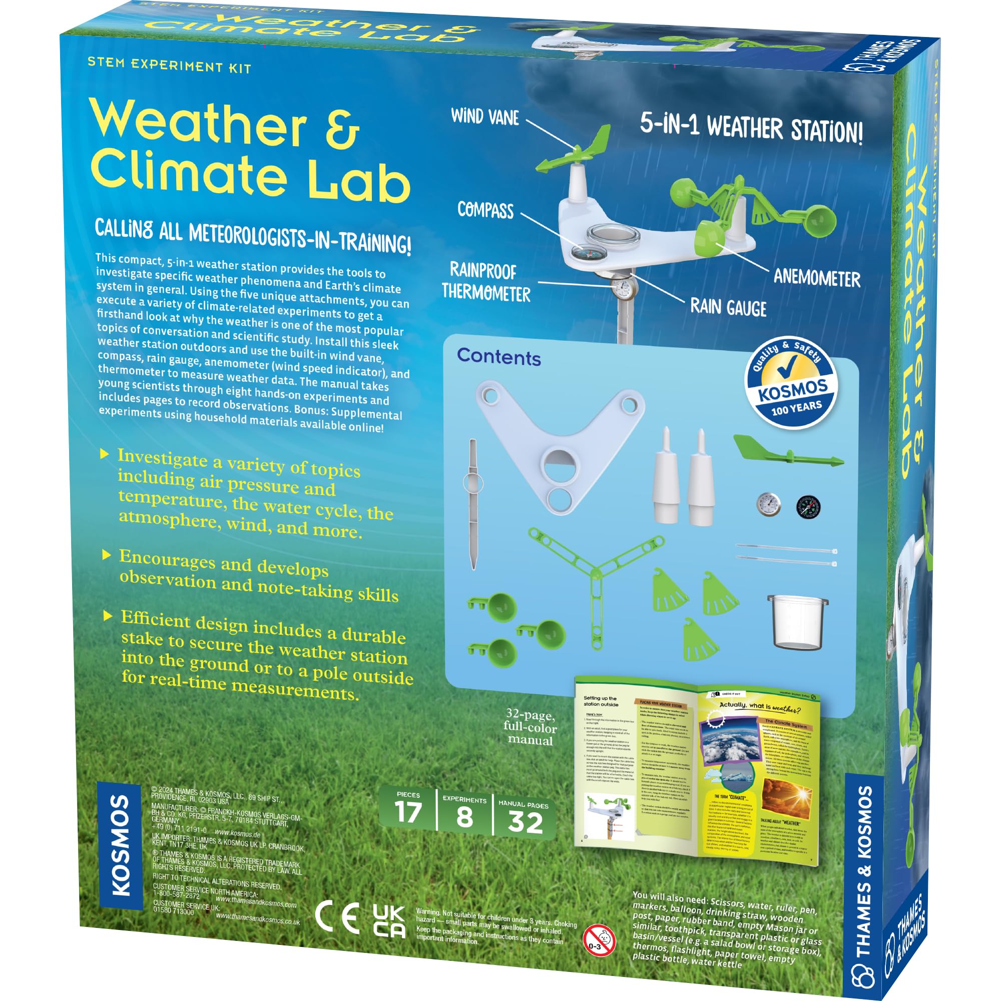 Thames & Kosmos Weather & Climate Lab STEM Experiment Kit, 5-in-1 Weather & Meteorology Station w/Wind Vane, Compass, Rain Gauge, Anemometer & Thermometer for Ages 6+, Includes Stake for Outdoor Use