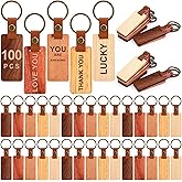 Sasylvia 100 Packs Wooden Keychain Blanks Leather Strap Blanks Rectangle Wood Keychain for DIY Dad Mum Engraving(Multicolor)