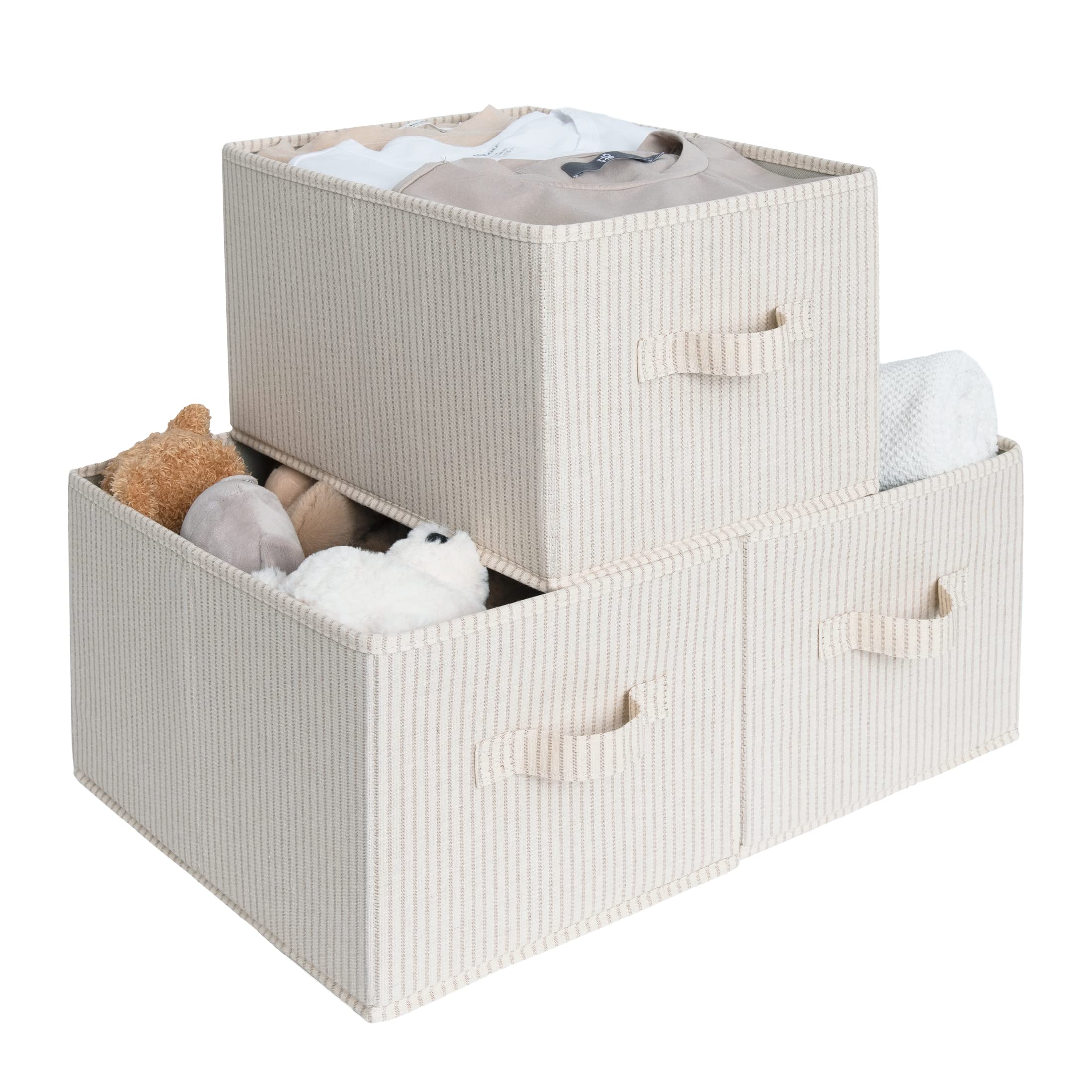 Photo 1 of StorageWorks Storage Baskets for Shelves, Foldable Fabric Closet Storage Bins with Handles, Fabric Storage Bins Clothes Organizer, Beige Stripes, 3-Pack, Medium
