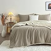 COTTEBED Reversible Sherpa Bed Comforter Queen Set - Lightweight But Warmth Softness Shabby Comforter Set for Full Size Bedding, 3 Piece Fluffy Western Farmhouse Down Comforter Winter, Beige and White