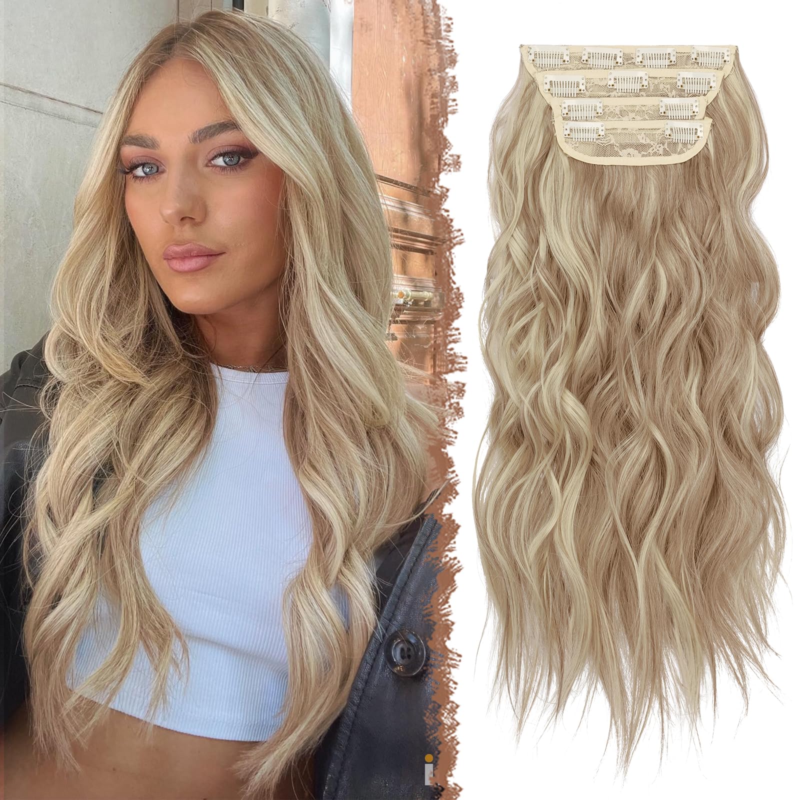 FESHFEN Clip in Hair Extensions 4PCS Thick Highlight Hairpieces Long Wavy Clip in Hair Piece Full Head Synthetic Fiber Hair Extensions for Women, 20 Inches Caramel Brown Mixed Beige Blonde โ image 1