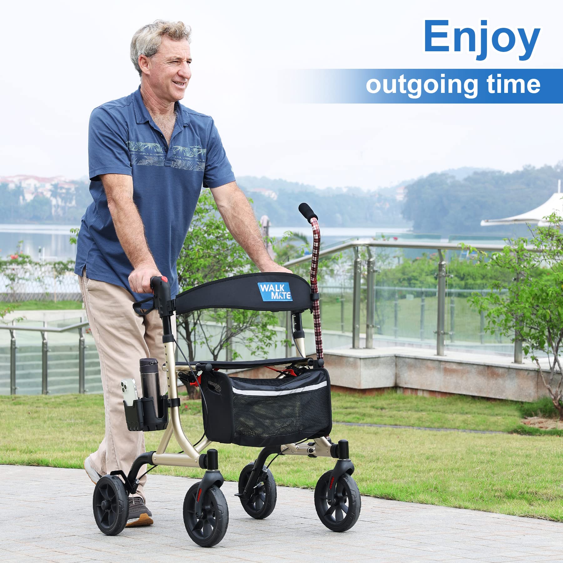 Rollator Walker for Seniors with Cup Holder, Upgraded Thumb Press Button for Height Adjustment, 4 x 8 Wheels Walker with Seat Padded Backrest Folding Lightweight Walking Aid, Gold