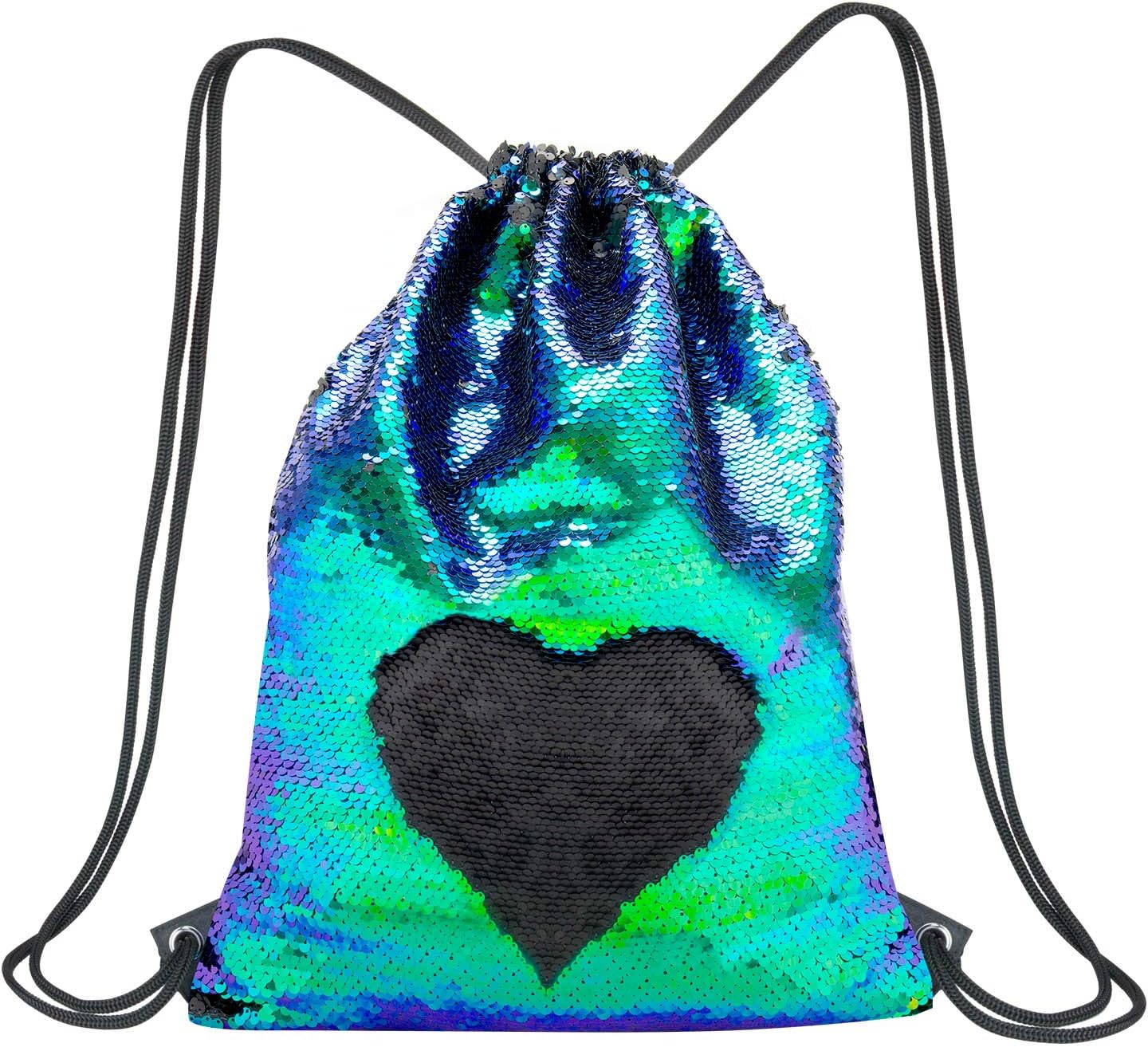Vordas Mermaid Sequins Bag, Drawstring Bag Magic Reversible Sequin Backpack Sequin Dance Bag Glittering Gym Bag for Women Girls Teens, 40 × 33 cm