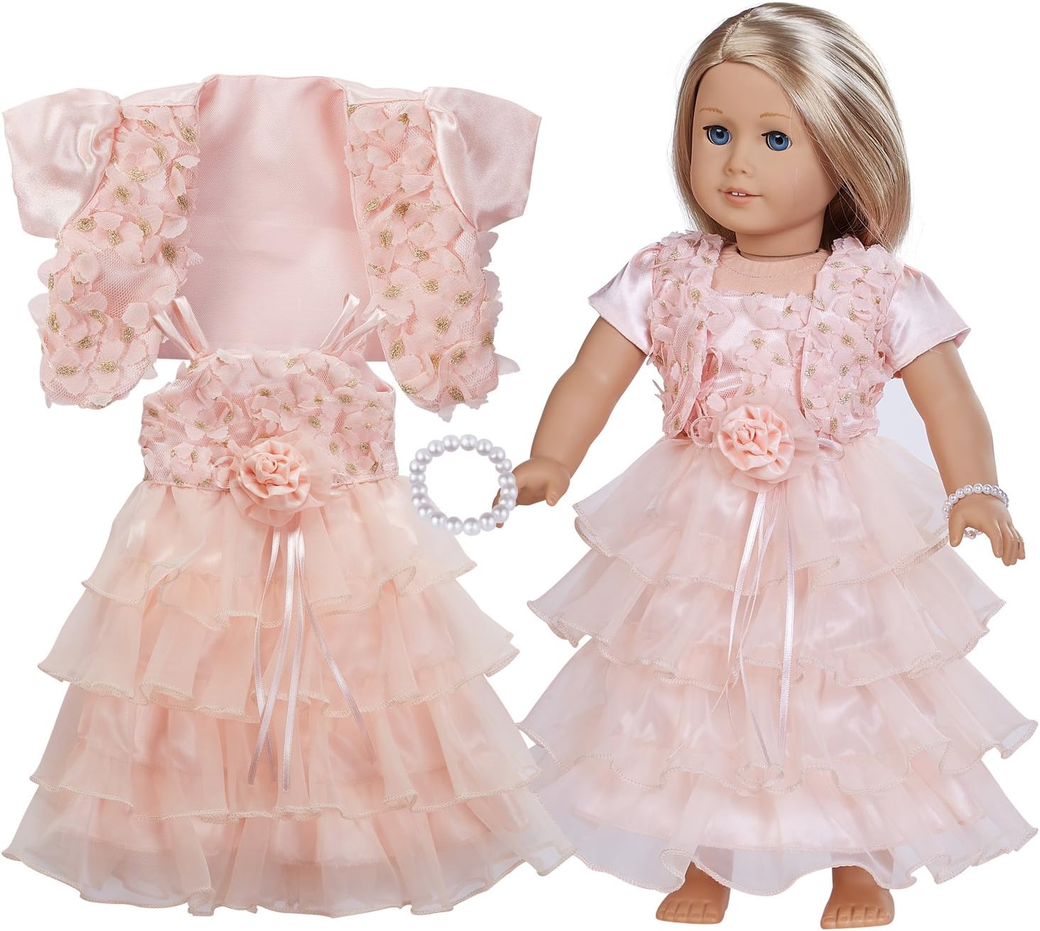 18 Inch Doll Clothes - Complete Evening Dress Set with Accessories Including Light Pink Shawl,Light Evening Dress,Pearl Bracelet,Fits American Girl Dolls