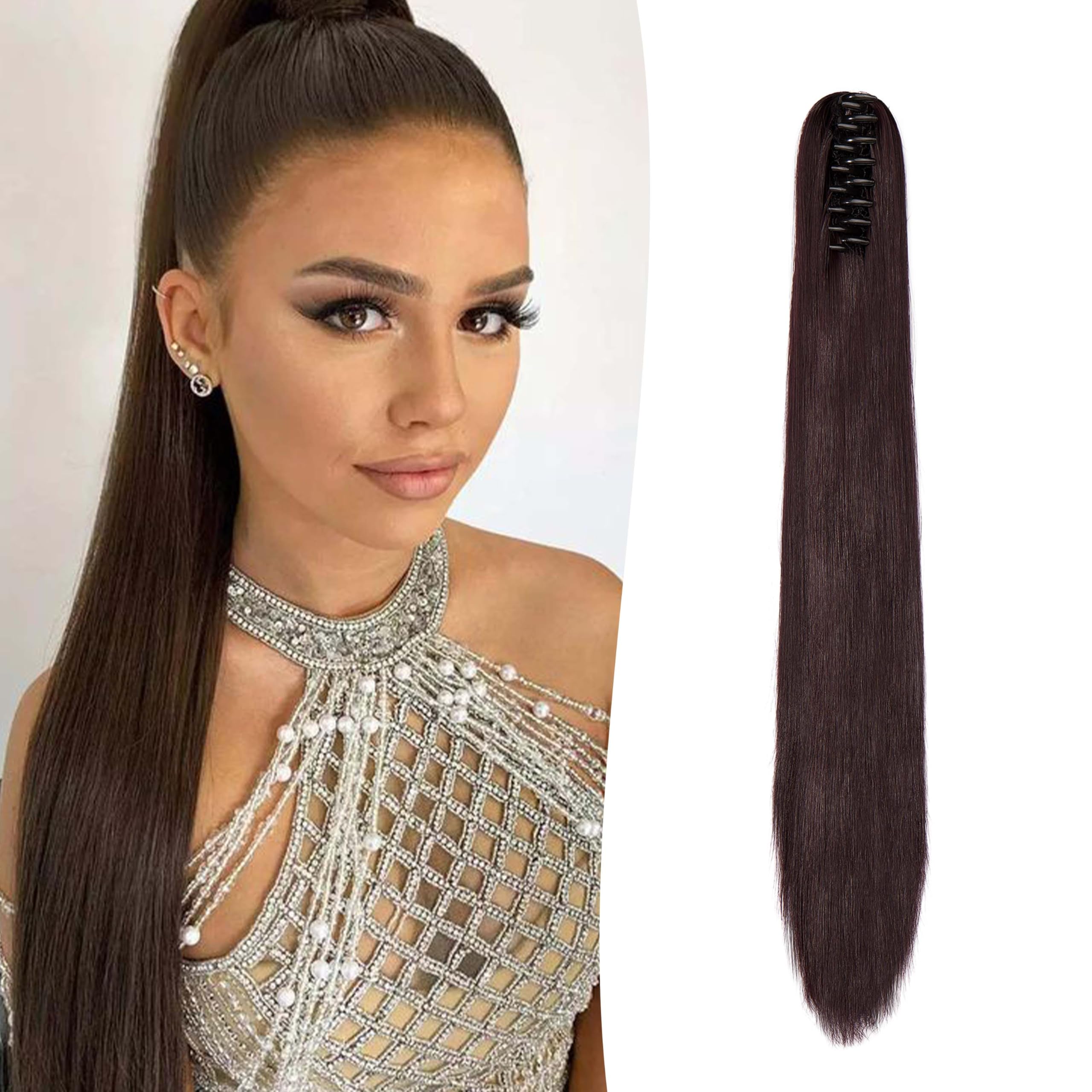 Gairyan Clip in Ponytail Hair Extensions 24 inch Ponytail Extension Long Straight Pony Tails Claw on Ponytail Synthetic Hairpieces for Women Soft Natural Look (Wine Red)
