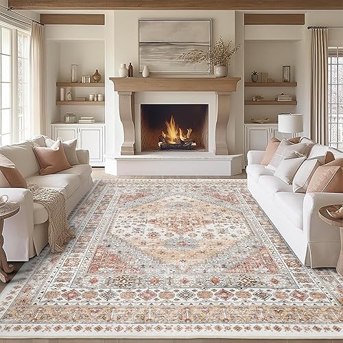 zesthome 8x10 Area Rugs for Living Room,Non-Slip Backing Washable Rugs,Vintage Large Area Rug，Stain Resistant Home Decor Rug (Orange,8'x10')