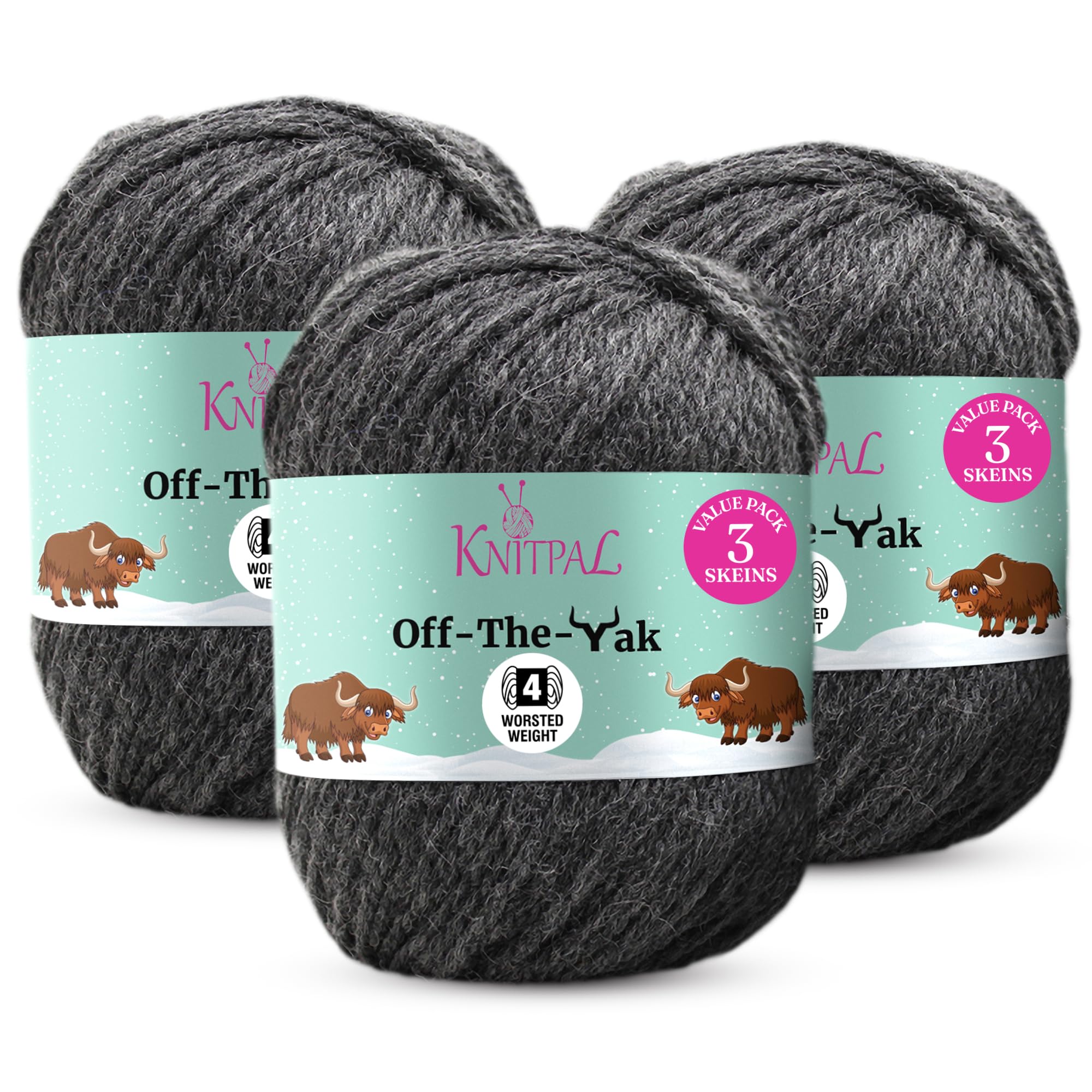 Off-The-Yak Squishy Soft Wool Blanket Yarn for Knitting and Crocheting, Heavy Worsted/Aran Weight #4, 25% Yak, 50% Wool, 25% Acrylic, 3 Skeins per Pack, 360yds/300g (Anchor Gray)