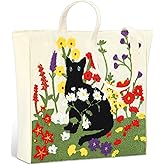 Abbylike Black Cat Tote Bag with Pocket Valentines Day Gifts for Women Vintage Embroidery Kitten Flower Tote Bag Canvas Reusable Shoulder Bags for Black Cat Lovers Shopping Grocery Book