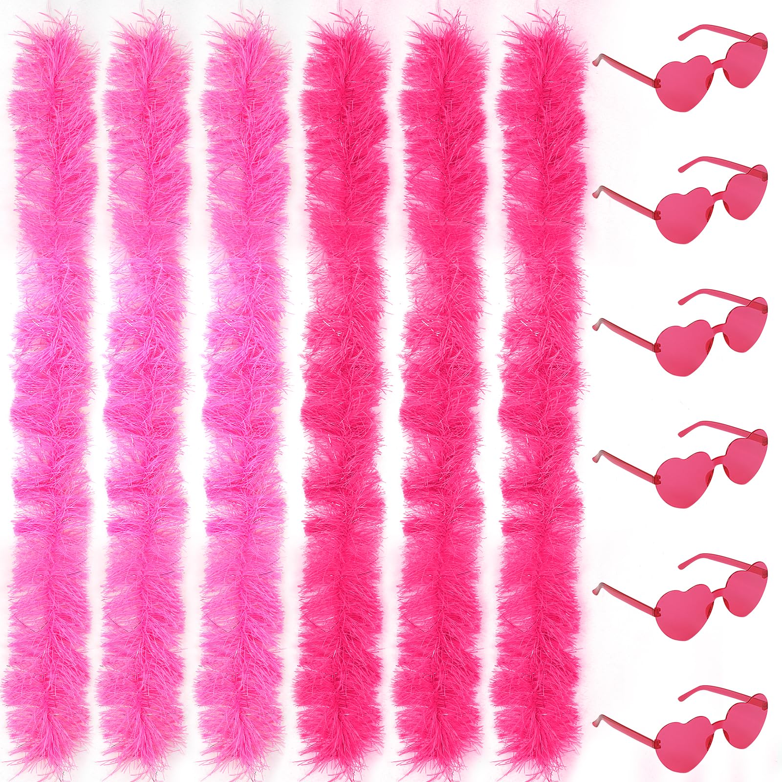 LACGO 6Pcs Pink Feather Boas with 6Pcs Glasses,Artificial Fluffy Boas Decoration,Fancy Dress for Women,Heart Rimless Sunglasses,Party Accessories for Dancing Wedding Halloween (12Pcs)