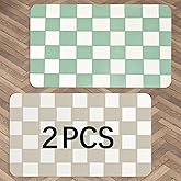 2 Pcs Checkered Dog Food mat, Non-Slip Sole Absorbent Dog and Water Bowl mat, Stain Free Quick Drying Checkerboard pet placemat, Suitable for cat、Puppy Accessories (Brown+Green, 12 X19 in)