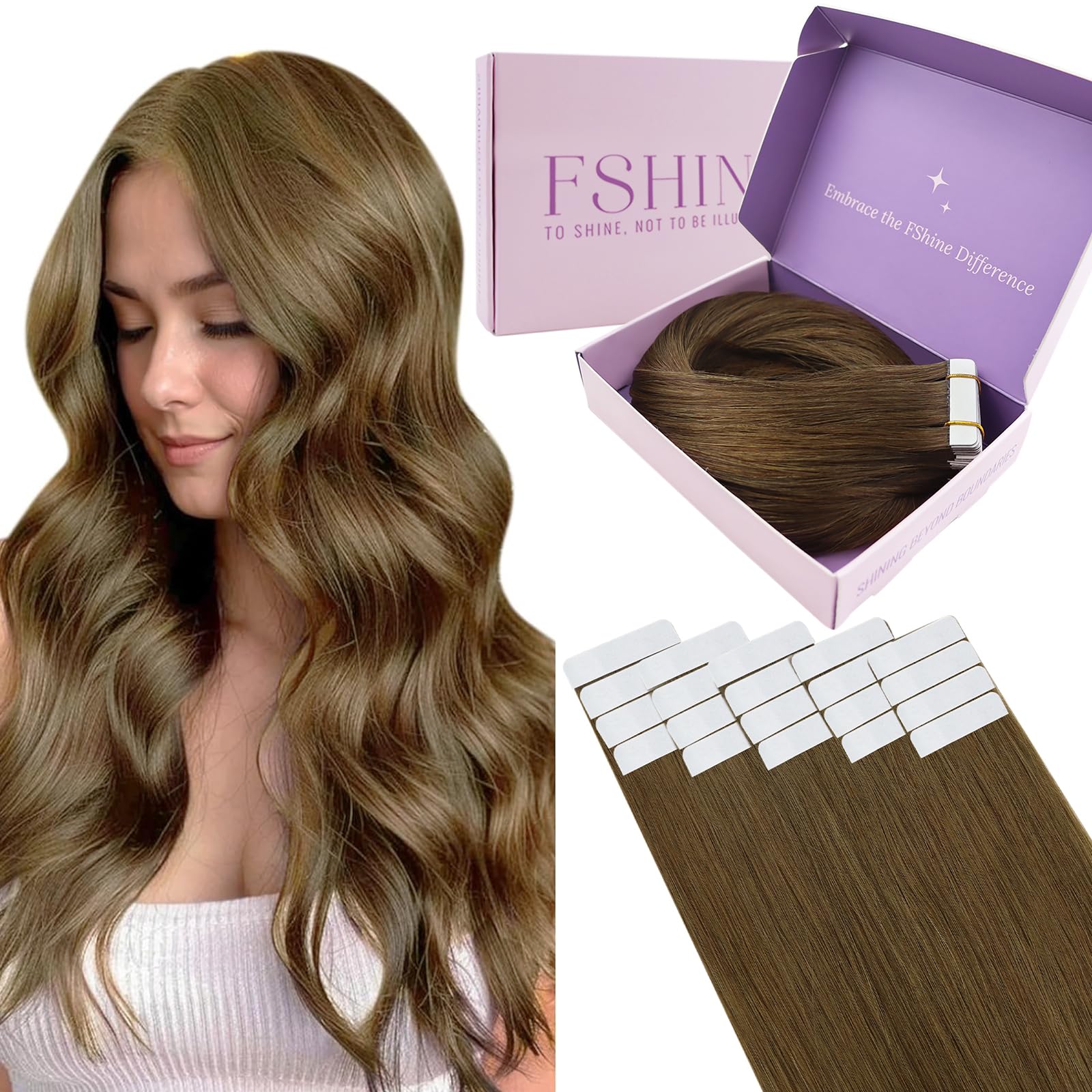 Fshine Brown Hair Extension Tape ins Human Hair,Invisible Tape in Extension,12 Inch 20 pcs 30 g,Color 4 Medium Brown,Strong Adhesive,No Damage Wear,Handcrafted for Salon Quality Results — image 1