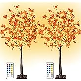 2 Pack 4Ft Lighted Maple Tree Thanksgiving Fall Decor, 60 LED Warm White Dimmable Timing Prelit Artificial Tree with 8 Flashing Modes for Indoor Outdoor Autumn Harvest Thanksgiving Halloween Decor
