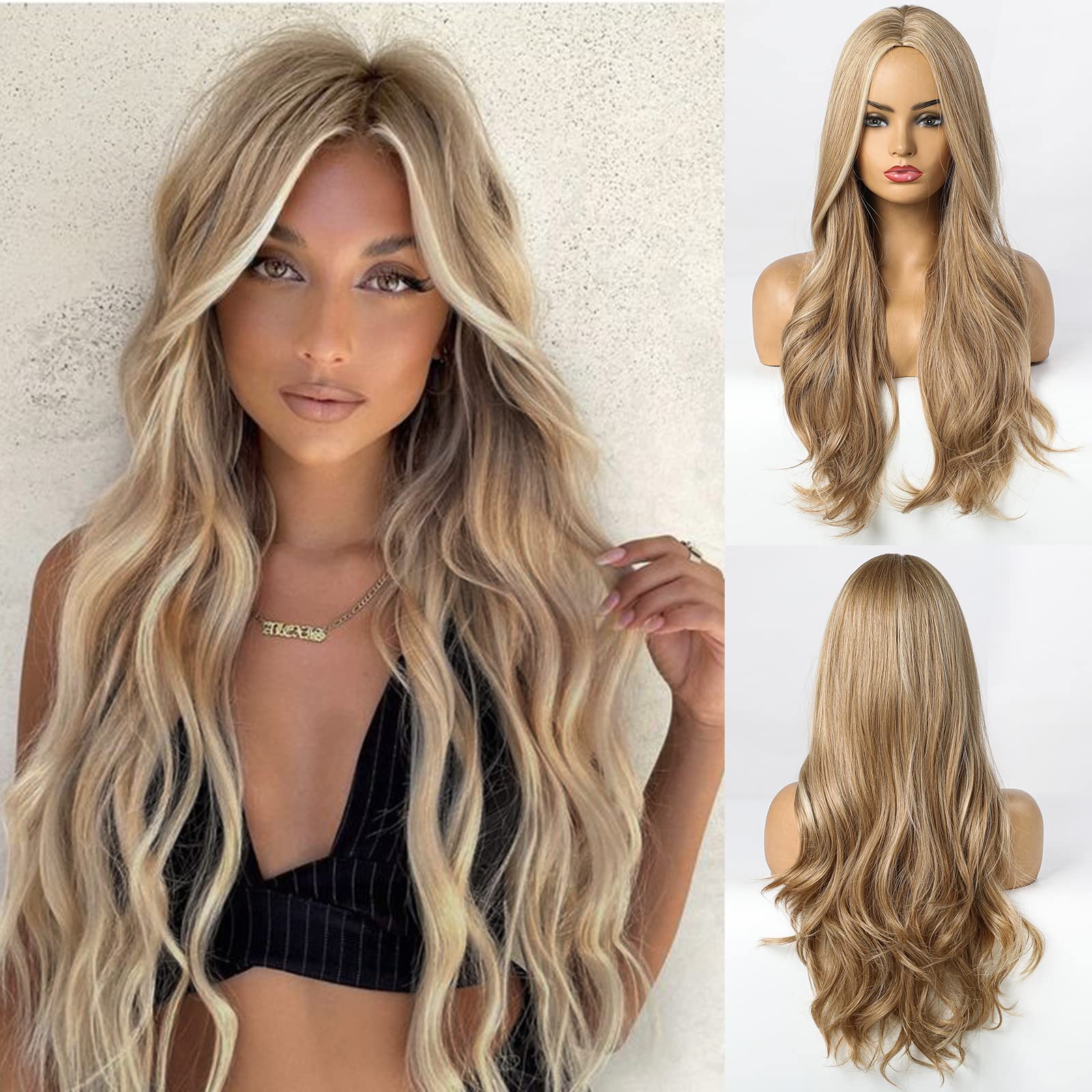 HAIRCUBE Middle Part Long Wave Fashion Wig Nature Heat Resistant Synthetic Fiber for Women Party Cosplay Costume Daily Wig (Honey Blonde)