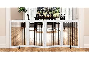 PUPETPO Freestanding Pet Gate - Foldable Wooden Dog Gate, 80 Inch Wide, 4 Panels, White