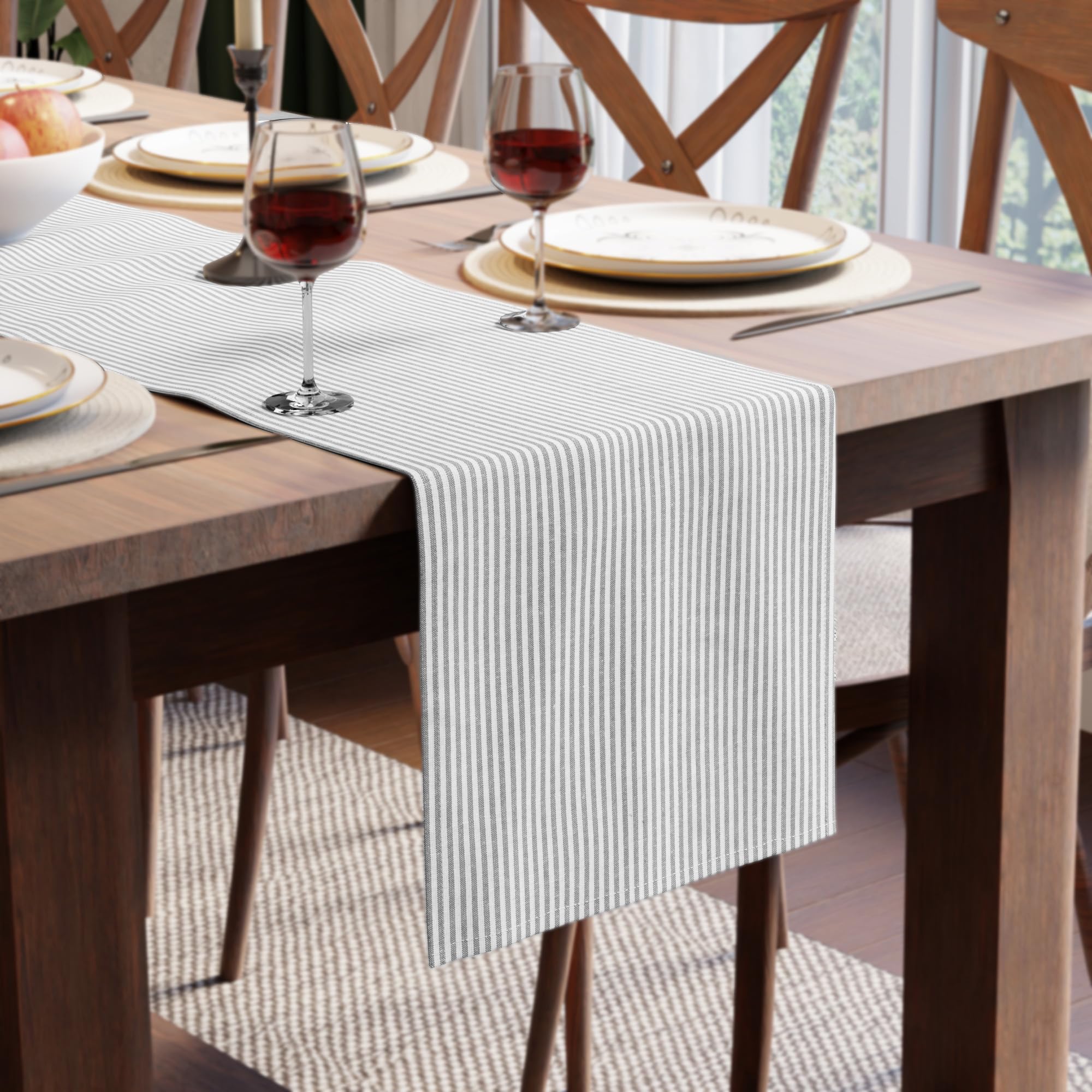 Photo 1 of Encasa XO Cotton Dining Table Runner | Ticking Black | Size 13x94 in - Machine Washable & Durable