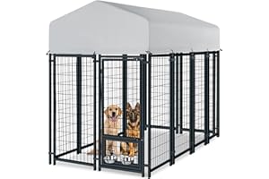 Oranland 8x4x6FT Outdoor Dog Kennel, Heavy Duty Welded Wire Steel Dog kennels with Secure Lock for Outside, Dog Pen with Waterproof Roof Cover and 2 Rotating Dog Bowls