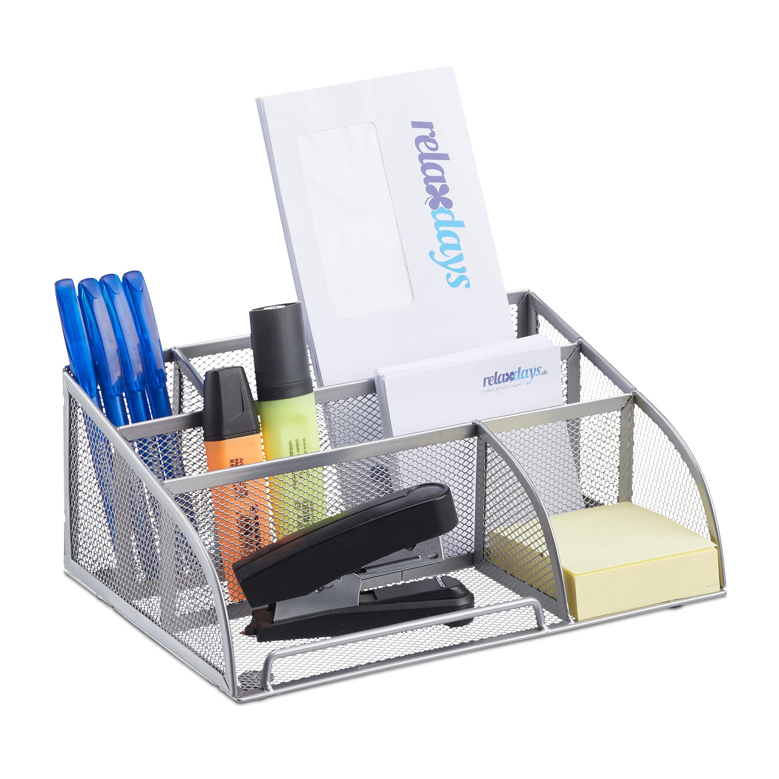 Relaxdays Desk Organizer, 5 Compartments, Compact Letter Rack, Metal, Drawer, Memo Box, Pen Holder, Silver