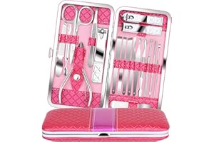Teamkio 18pcs Manicure Set Pedicure Nail Clippers Set Travel Hygiene Kit Stainless Steel Professional Cutter Care Set Scissor Tweezer Knife Ear Pick Tools Grooming Kits with Leather Case