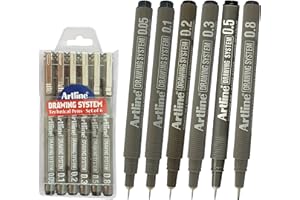 Artline Drawing System Technical Pens - Set of 6-0.05/0.1/0.2/0.3/0.5/0.8 (Black) Pegment Ink, Water Based, Water Resistant - FREE 3D Key Chain