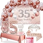 Trgowaul 35th Birthday Decorations Balloon Set Women Arch, Rose Gold 35th Birthday Banner and Party Tablecloth, Belt and Tiara, Pink Gold 35th Balloons, Pink Cake Topper, Latex Balloon * 60