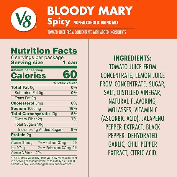 V8 BLOODY MARY SPICY MIX, 8 FL OZ CAN (PACK OF 6)