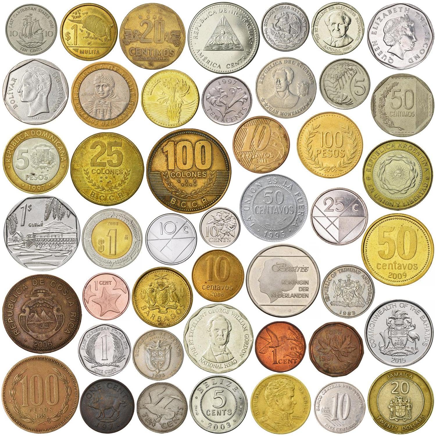 30 Different Coin Collection from the Americas - Collectible World Currency - Tropical Plants and Animals - Historic Latin American and Caribbean Coins