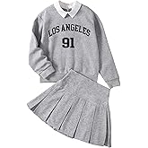 Ecolala Girls 2 Piece Outfits Cute Preppy Graphic Long Sleeve Sweatshirt and Pleated Skirt Set