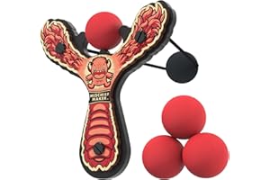 Mighty Fun! - Mischief Maker® Wooden Slingshot - Lil’ Monster Series - Real Wood Slingshot for Kids, 4 Soft Foam Balls and Storage Bag - Ages 4+ (red)