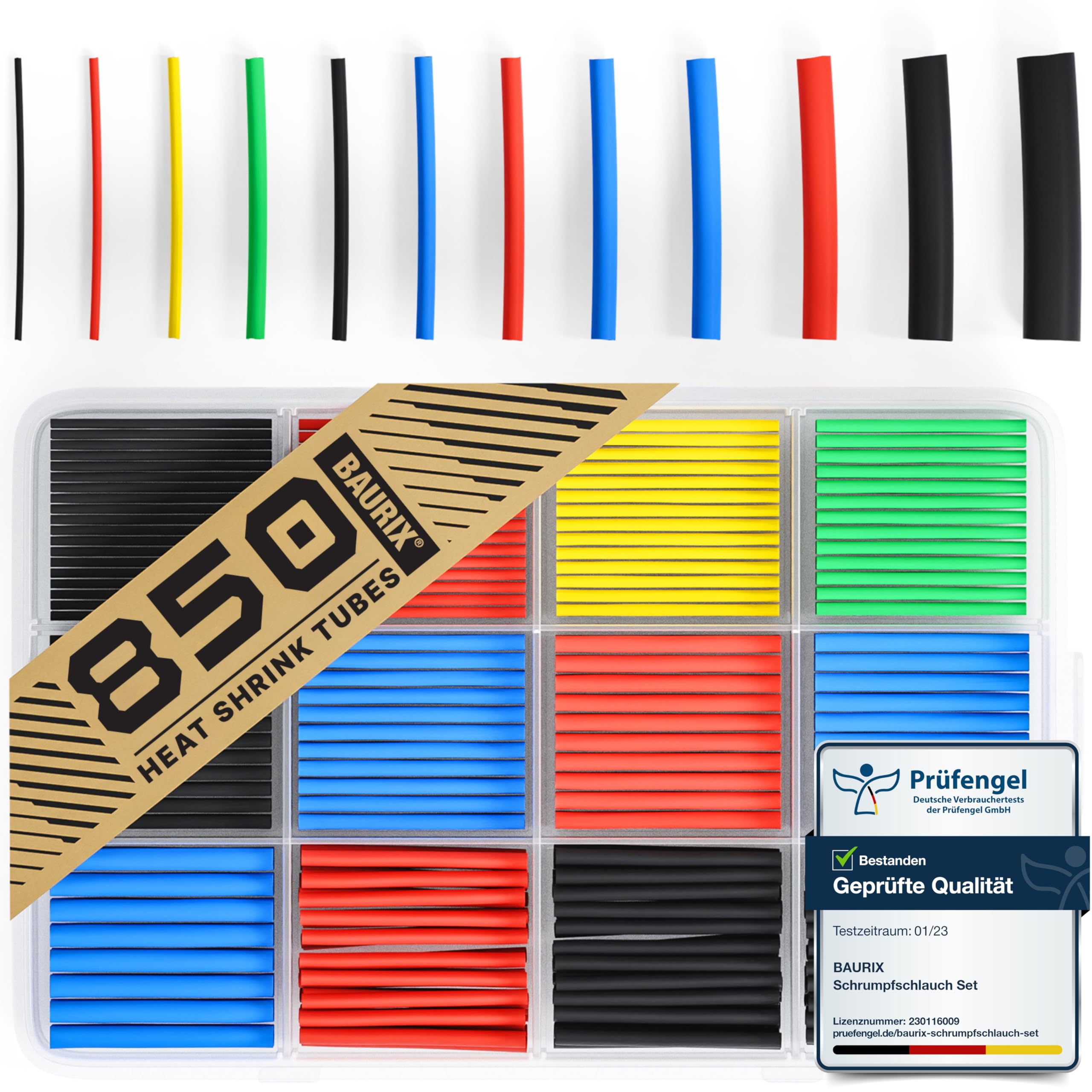 BAURIX® Heat Shrink Tubing Kit 850 Pieces | Assorted Colored Shrink Tubes | 2:1 Shrink Ratio | Electrical Insulation Sleeves for Cables | 45mm Length per Shrink Tube