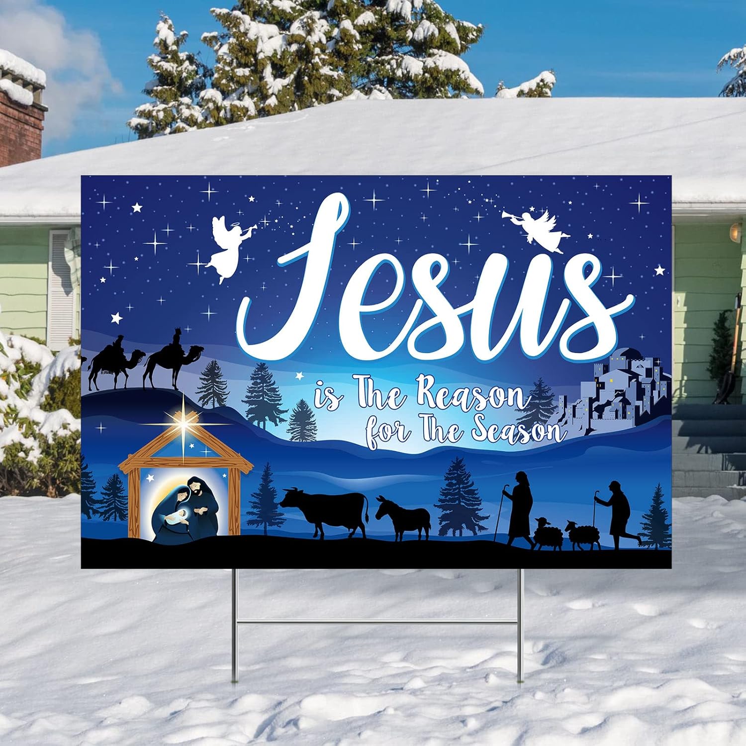 Yard Signs - 20 Inch Christmas Holy Nativity Yard Sign with Stakes Jesus Is the Reason for Season Lawn Sign Manger Scene Religious Xmas Yard Signs Decorations Outdoor for Religious Xmas Outdoor Party Decor (Blue)