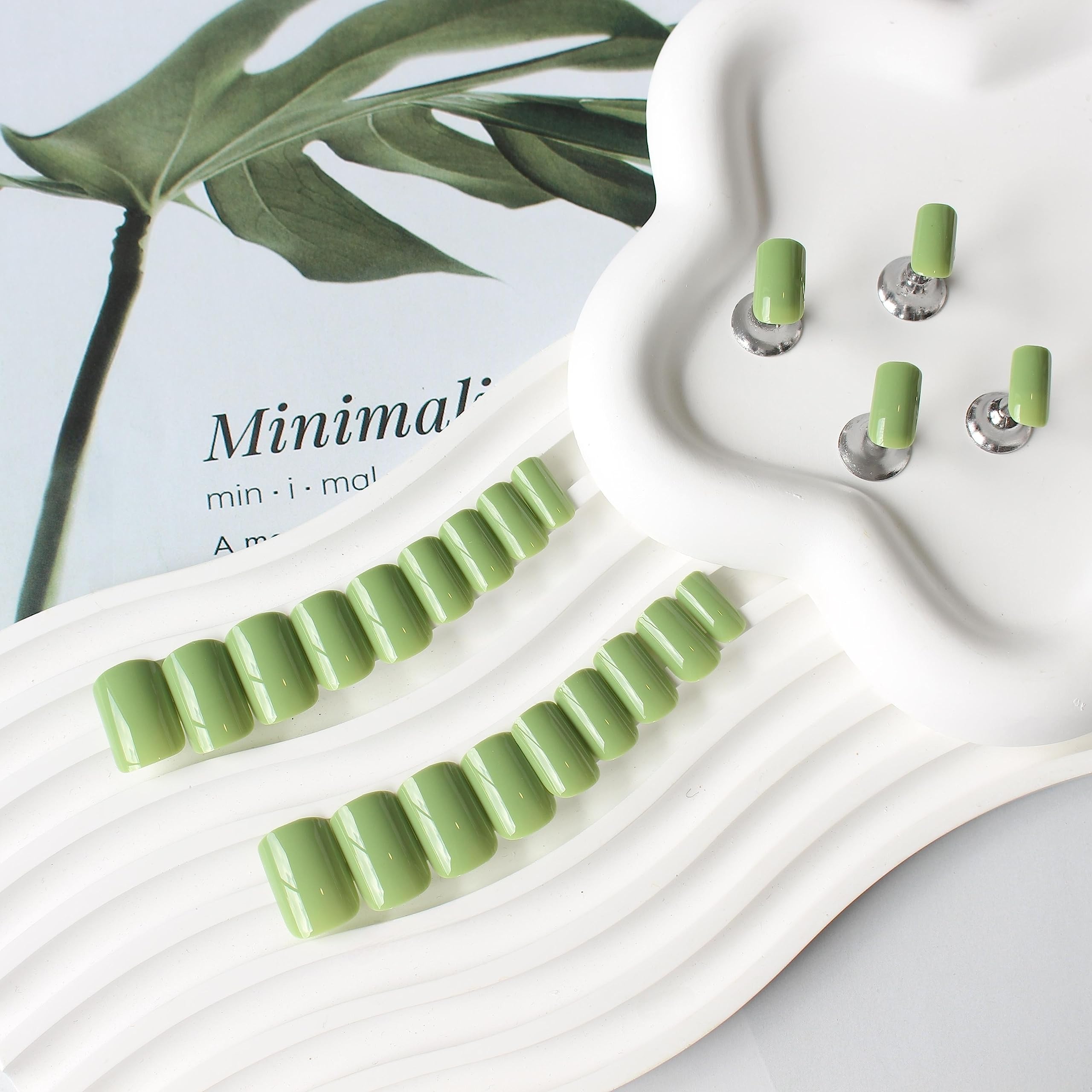 Green Press on Nails Medium Square KXAMELIE Natural Acrylic Glue on Nails Medium Length Coffin Nails Press ons Short Gel Nails Reusable Fake Nails 2024 Trendy Solid Color False Nails 24Pcs - Image 3