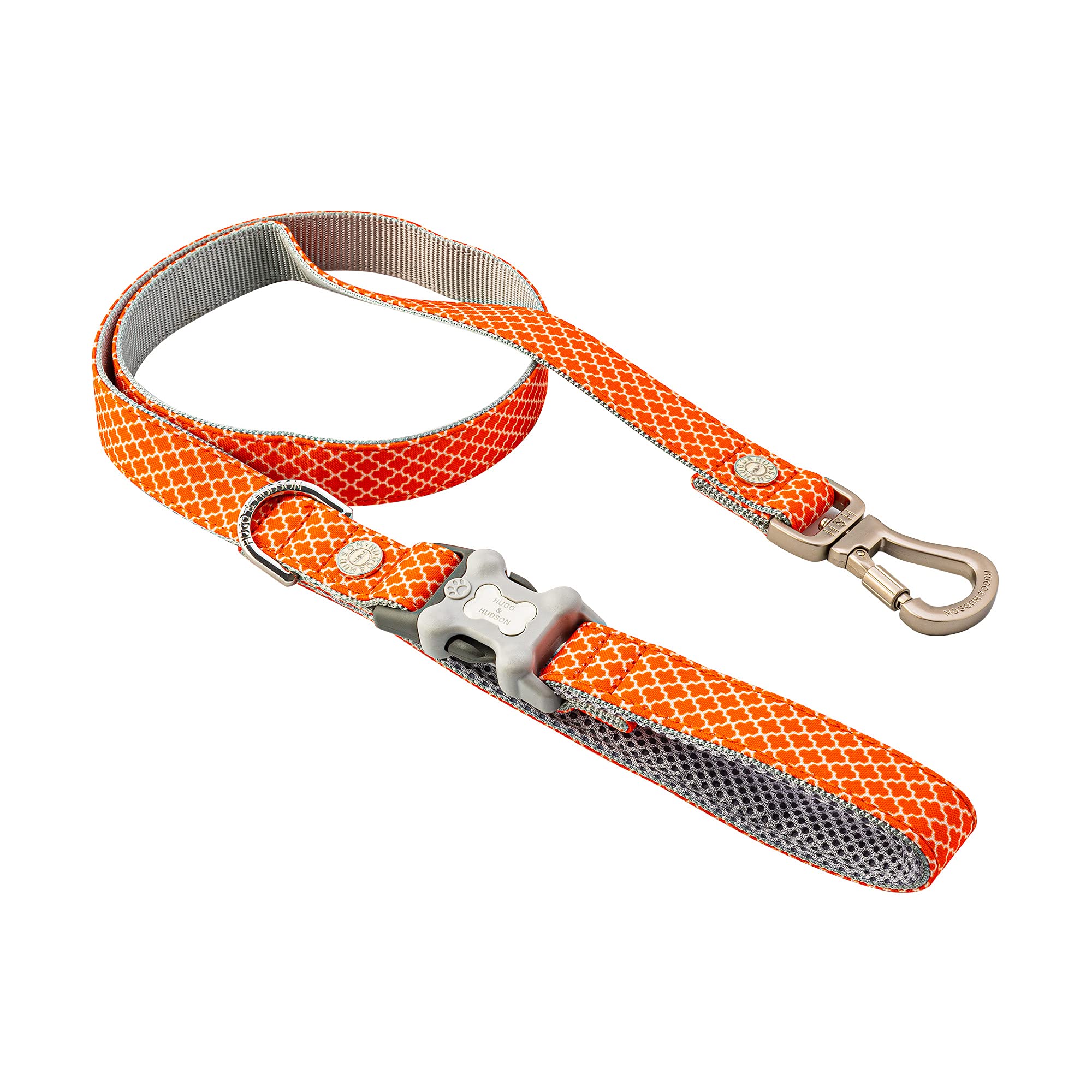 HUGO & HUDSON Dog Lead, 1.2m Nylon Leash with Quick Release Clip in Handle, Orange Geometric
