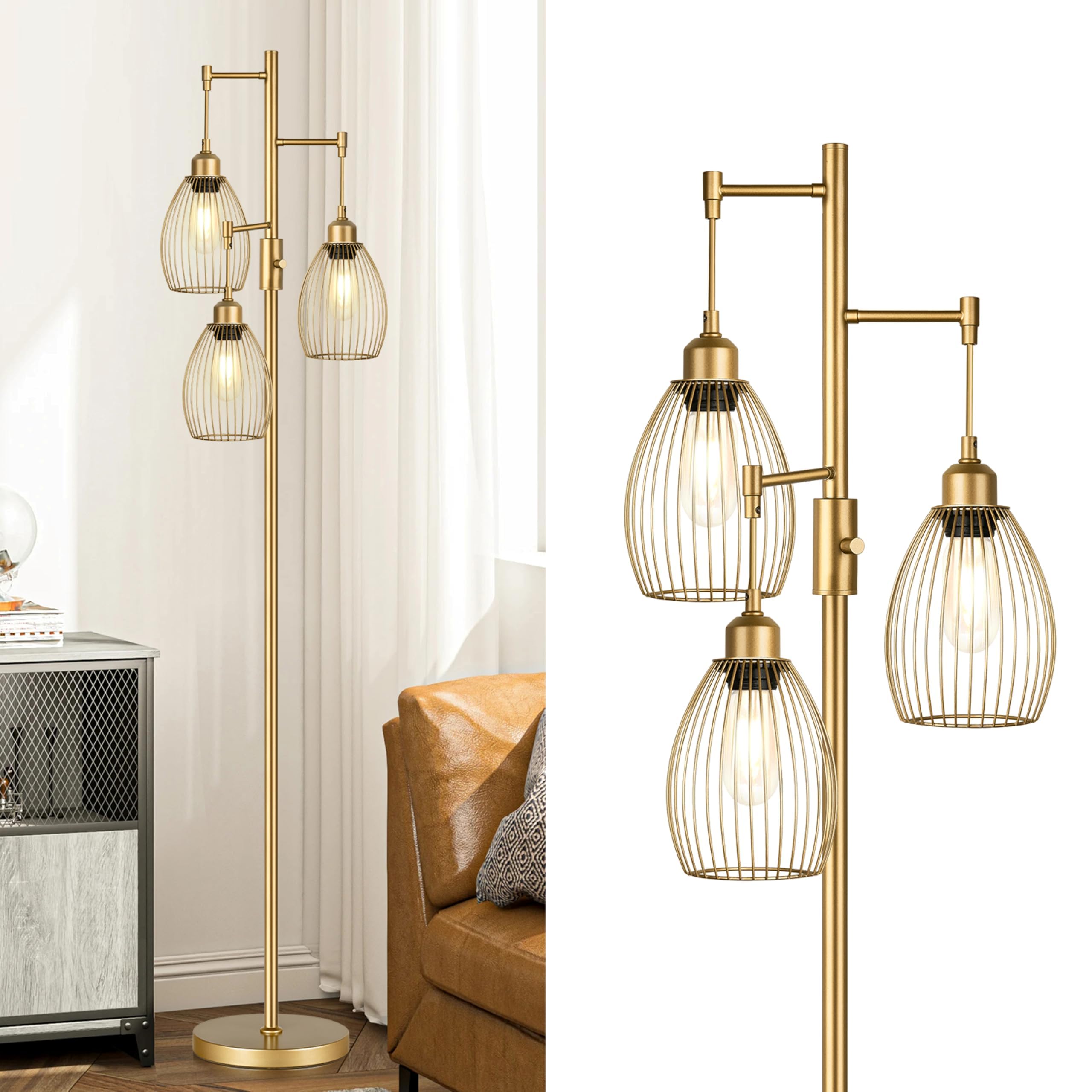 Photo 1 of Dimmable Floor Lamp, Industrial Floor Lamps for Living Room, Gold Tree Lamp Standing Lamp Tall Lamps with 3 Elegant Teardrop Cage Head & 800 Lumens LED Bulbs for Living room Bedroom Office Dining Room