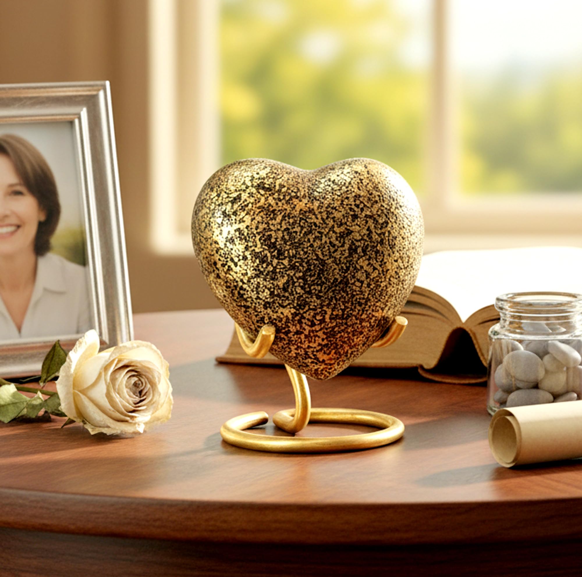 eSplanade Brass Mini Cremation Urn Heart-Shaped Keepsake Memorial Jar Pot Container | Small Urn for Funeral Ashes Burial | Textured Metal Keepsake with Stand | Golden - 2.75" Inches — image 1