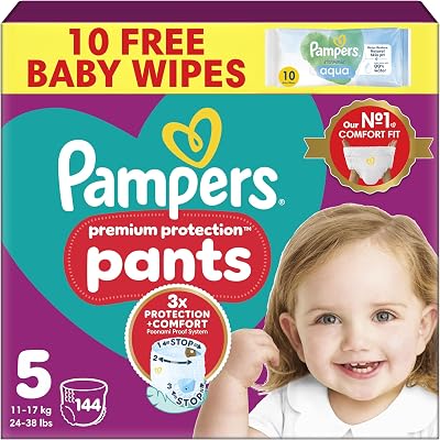 Pampers Premium Protection Nappy Pants Size 5 144 Nappies 11-17kg + Aqua Wipes