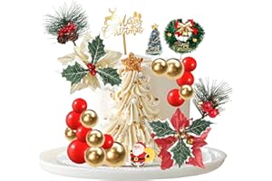 RSSTARXI 38 Pack Merry Christmas Cake Toppers - Artificial Flower & Berry Pinecone Tree Toppers with Gold Balls for Christmas Theme DIY Party Decorations