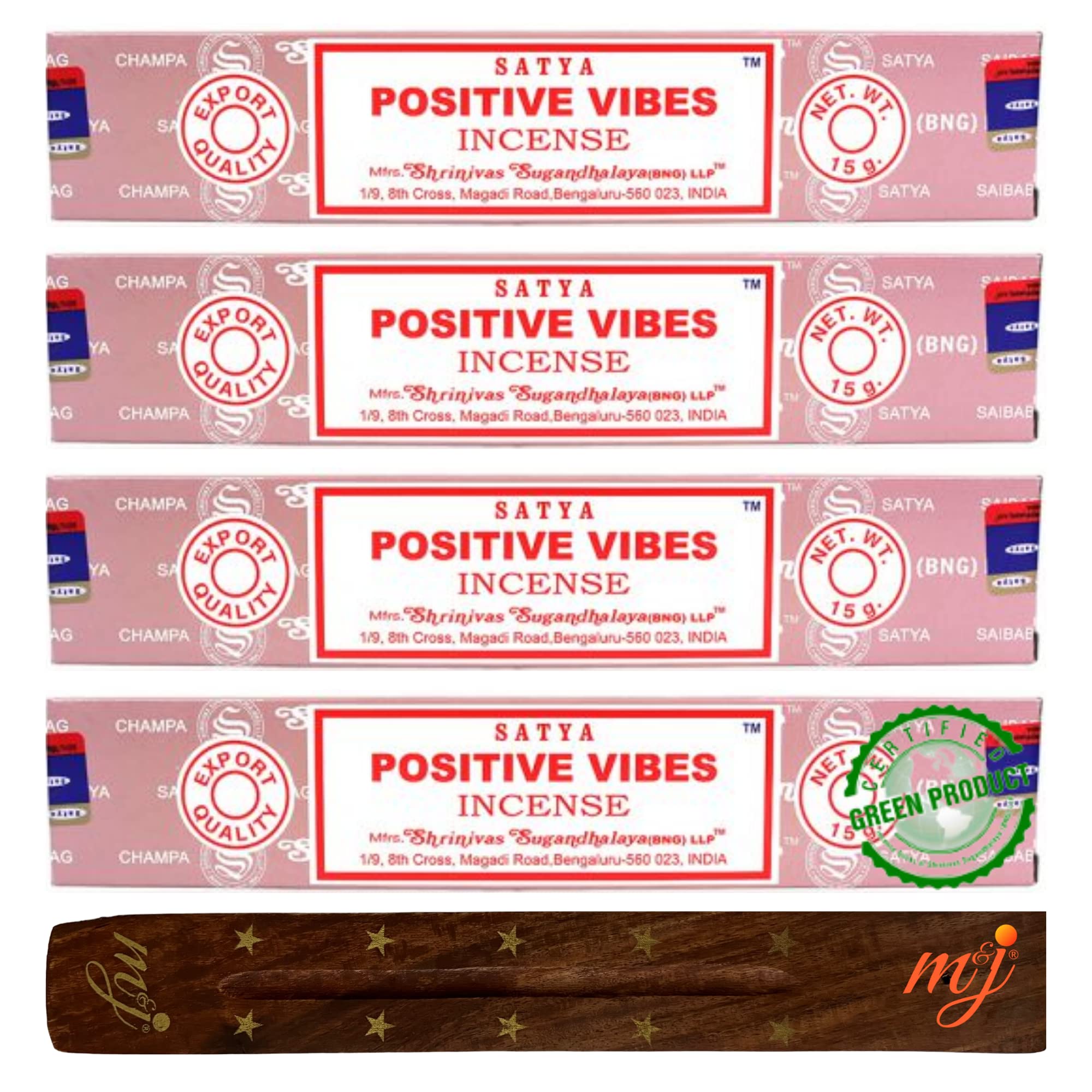 Original Satya Nag Champa Positve Vibes Incense Sticks | with M&J incense sticks holder | x4 pack | for Aromatherapy, Spa, Yoga, Weddings, Meditation, Healing, Positivity and Relaxation — image 1