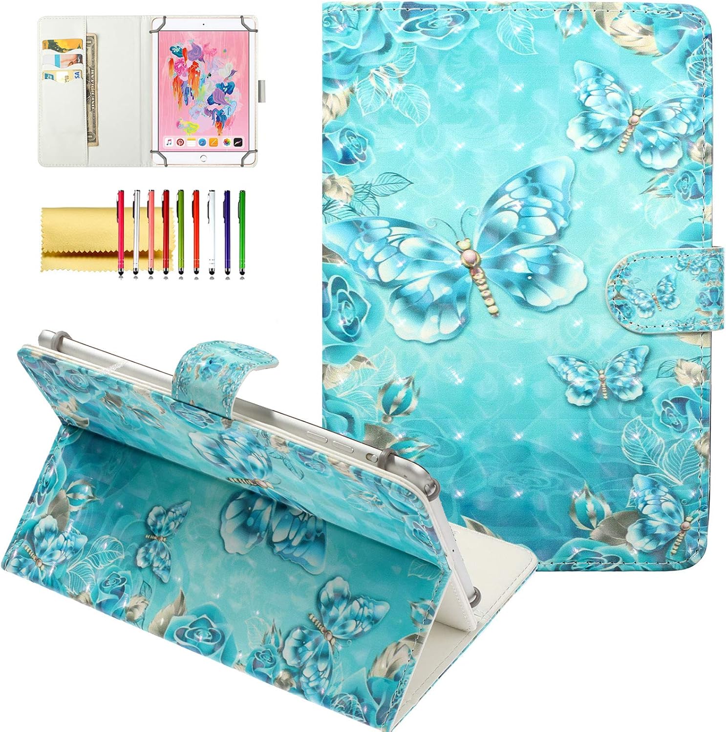 Techcircle Universal Folio Case for 10 inch Tablet, Slim Lightweight Magnet Stand Cover [Card/Money Slots] for iPad 9.7", Galaxy/Lenovo Tab and More 9.5"-10.5" Touchscreen Tablet, Blue Butterflies